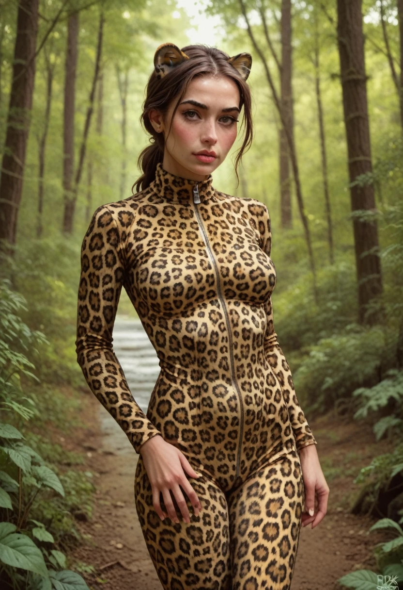 masterpiece, UHD, anatomically correct,high quality, 8K, HDR ,1 girl  , leopard printed catsuit, in the forest , 