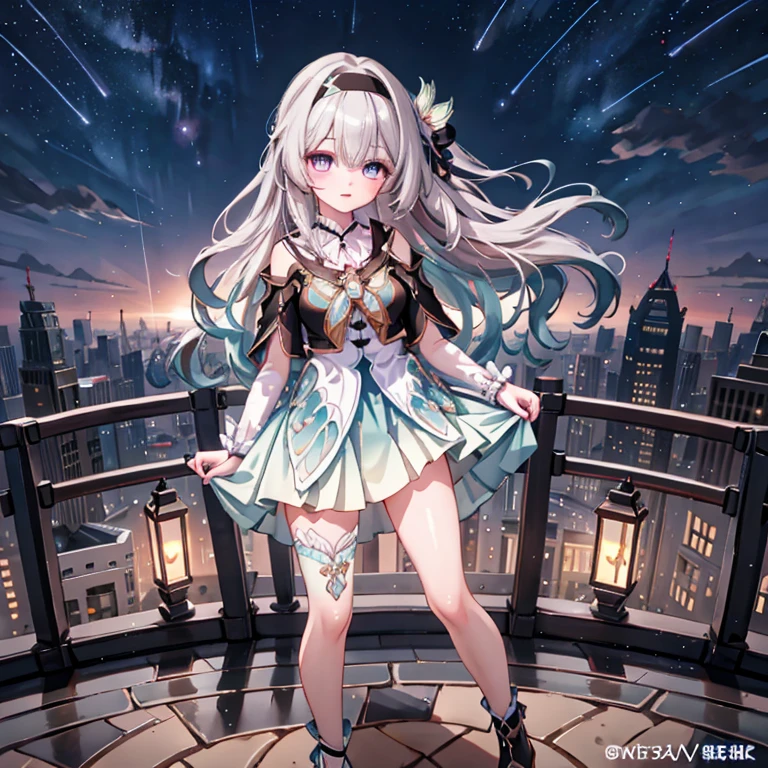 A girl in the starry sky，Delicate face，Beautiful eyes、lips and long eyelashes，Strapless shirt，High waist skirt，High heel，ID card，Outer Skirt，Anklets，Leg garters，bracelet，Hairpin，Full body image，From head to toe，belt，Bow necklace，Standing in Hengzhou，Look up，meteor，Outdoor scene，Depth of Field，（Extremely detailed CG unity 8k wallpaper， masterpiece， Best quality， Ultra Detail， Beautiful details of the eyes：1.2）， Exquisite eyes