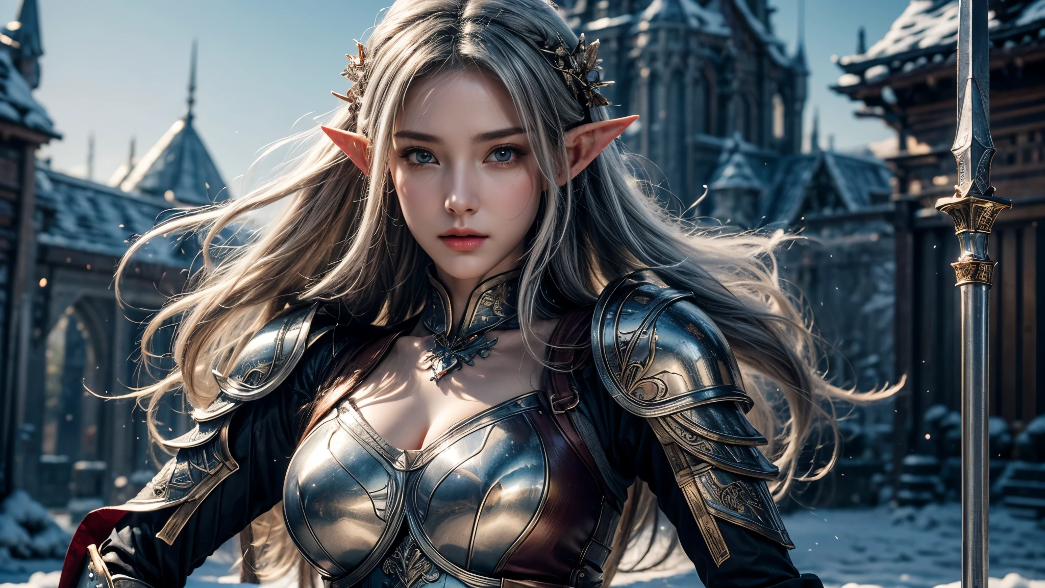 Close-up，Woman holding sword and armor, Armor Girl, 2. 5d cgi animation fantasy artwork, Big breasts，Epic fantasy digital art style, detailed Digital 2D Fantasy Art, Digital 2D Fantasy Art, Original photo, (Best quality:1.3), high resolution(masterpiece), (Realistic:1.4), Professional Photography, Clear focus, High Dynamic Range, 8k resolution, Intricate details, Fine details, Depth of Field, Extremely detailed CG unified 8K wallpaper, masterpiece，poster，Best quality官方艺术，（Beauty and aesthetics：1.2），（masterpiece：1.3），Female Elf，personal，Rose Armor，Complex Mode，snow，Elf style castle，Medium distance photography，（early morning），dramatic，