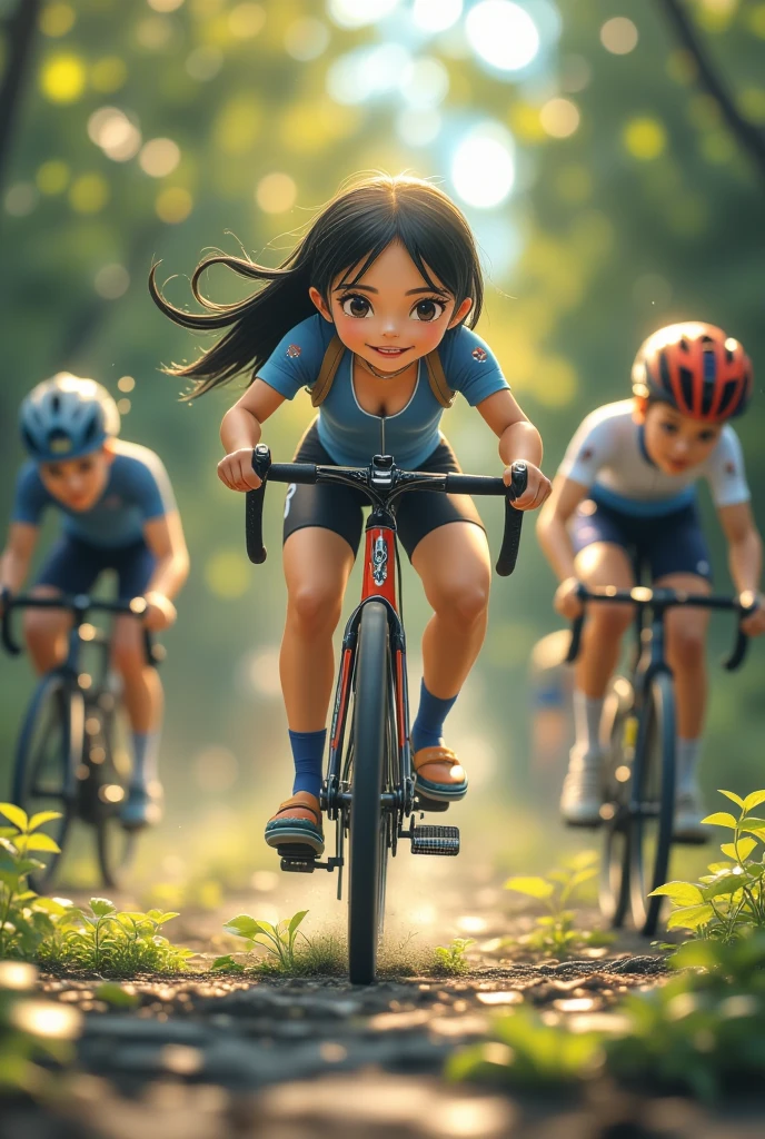 Little mascot girl, Rear view of a female racer competing on a road bike, Black hair, Half Length, Stylish, Road cycling race, Behind the scenes of the fierce battle between multiple road racers, speed, Lift your mood, Pan the view, A rear view of a female driver chasing another female driver in front of her, Chasing from behind, Back side depiction，