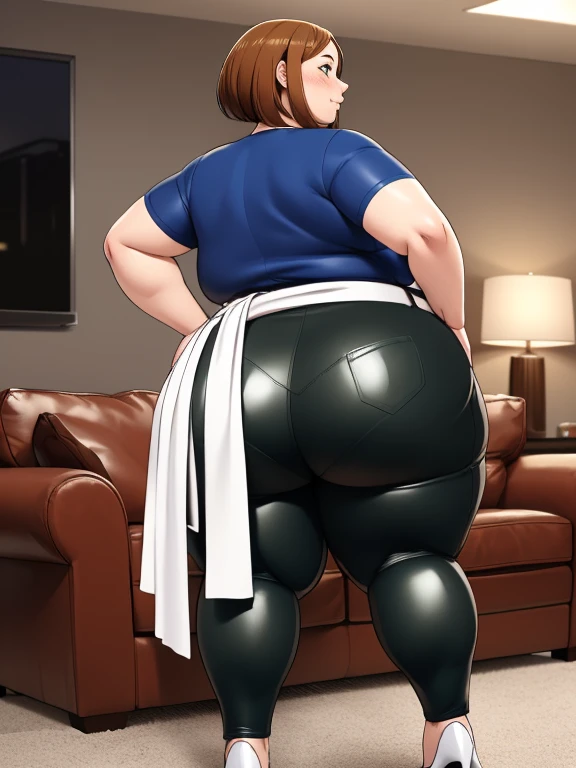 (half-body-shot (back shot):1.3), high quality, best quality, beautiful, perfect lighting, detailed face, mature face, ((1girl)), ((solo)), Imagine Ochaco Uraraka as an adult, 45 years old, motherly, mom, MILF, plus sized milf, short brown hair, brown eyes, smug look on face, kinky expression, blushing, ((Wearing: dark blue shirt,black leather pants, white belt and white heels), ((motherly breasts)), wide hips, thick thighs, chubby, love handles, muffin-top, round belly, fat ass, living room, hands on hips, Pov from behind, ass view, looking at from behind,
