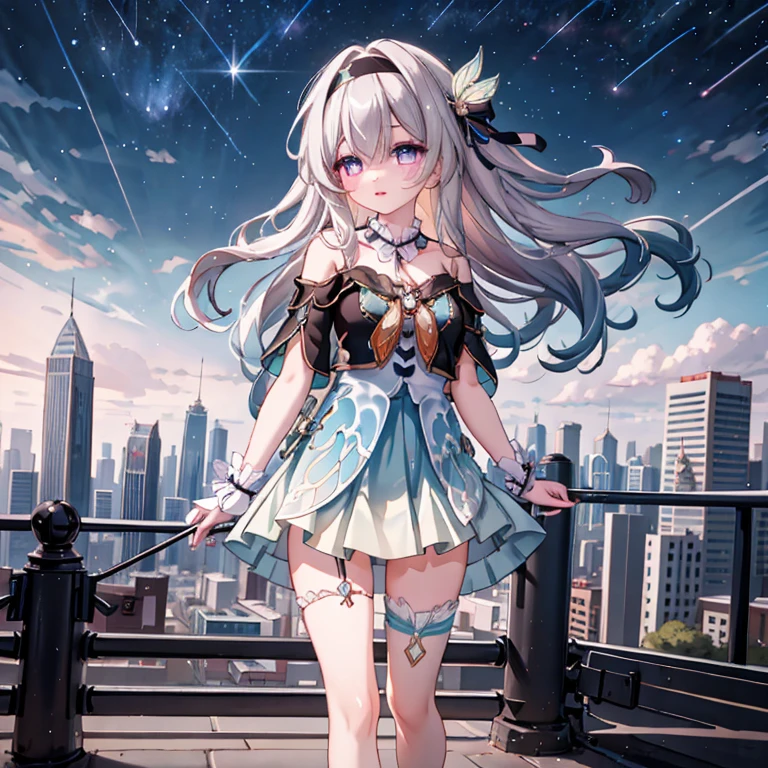 A girl in the starry sky，Delicate face，Beautiful eyes、lips and long eyelashes，Strapless shirt，High waist skirt，High heel，ID card，Outer Skirt，Anklets，Leg garters，bracelet，Hairpin，Full body image，From head to toe，belt，Bow necklace，Standing in Hengzhou，Look up，meteor，Outdoor scene，Depth of Field，（Extremely detailed CG unity 8k wallpaper， masterpiece， Best quality， Ultra Detail， Beautiful details of the eyes：1.4）， 