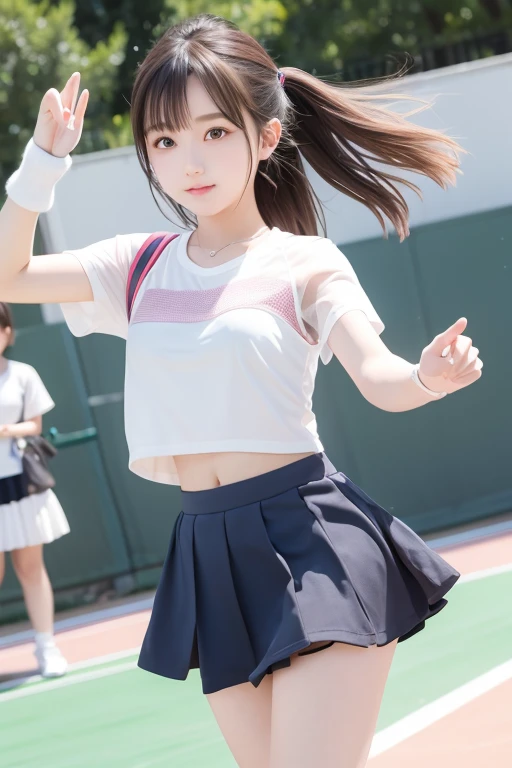 ((Angle from directly below)),((from below:1.5)),((cheerleader:1.4)),((Cheerleader)),Back view、look back、Low - Angle、((The skirt is blown up high by the wind:1.6)),((Cheerleader)),(huge breasts:1.5),((abnormally short skirt:1.8)),((under breast:1.8)),((sweat:1.3)),((Underwear is visible:1.6))((unusually short clothing:1.8)),,8K、Detailed Description、Very high definition、Realistic、reality的、Real、live-action、reality、High resolution、Nogizaka46、japanese idol,beautiful girl、21 years old、smile、Dark brown eyes、sunny、blue sky、Are standing、Backwards、turn around、smile,closed mouth,full body,Very black hair、Short shortcuts、pretty girl、Beauty、Glowing Skin、Glowing Skin、Shiny Hair、Very white skin、Heavy makeup、Large Breasts、Slit eyes、Big Eyes、Dark brown eyes、Double eyelids、Don&#39;t show your teeth、Wet Skin、