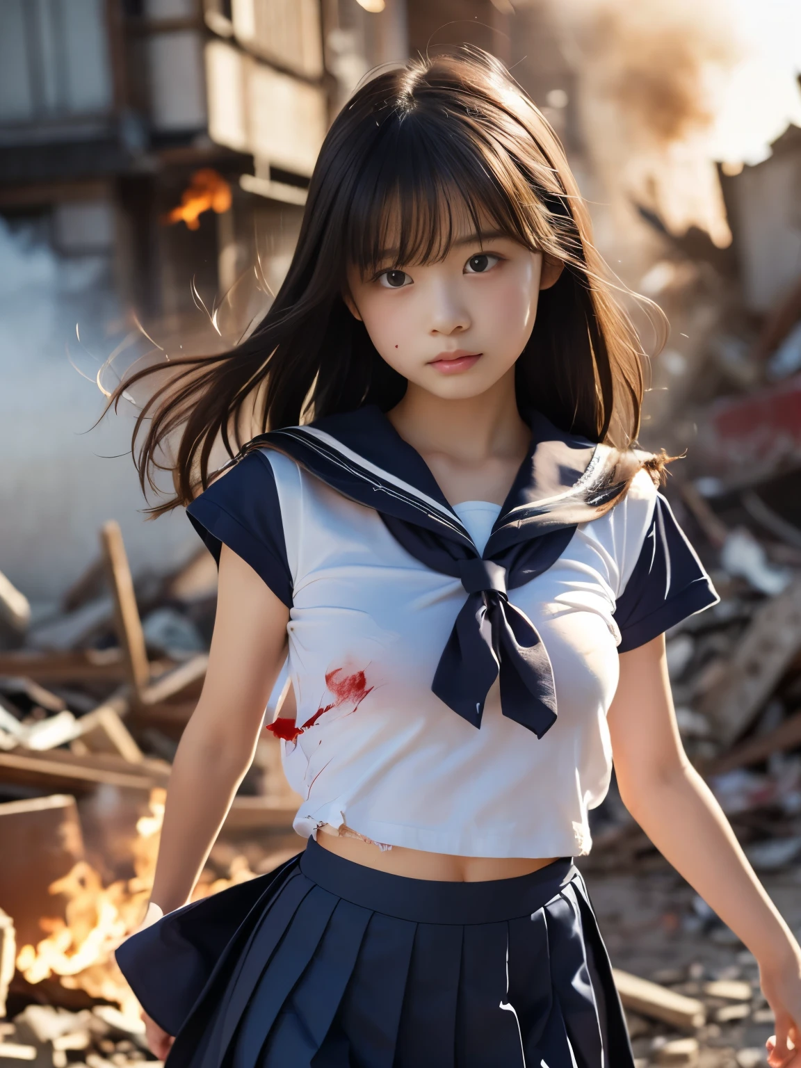 (In 8K、RAW Photos、top-quality、masterpiece:1.2)、(Realistic、Photorealistic:1.37)、Super detailed、Super A high resolution、Beautiful 15-year-old high school girl in Japan attacked by ゴジラ in devastated Tokyo、Fearful expression、School uniform、Schoolgirl uniform、(Torn, dirty and tattered sailor uniform:1.2)、Disheveled clothing、Torn fabric、(Blood-stained clothes:1.2)、Short pleated skirt、(Torn Skirt:1.2)、Dirty Hair、Running through the rubble、Collapse of buildings、Burning Flames、Stunningly beautiful face、Dynamic Angle、moving lighting、nsfw