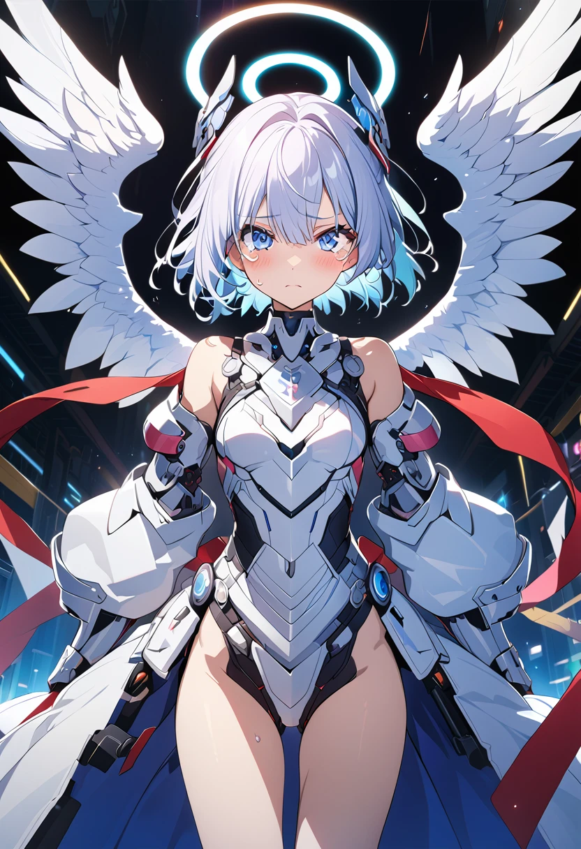 (8K, best quality, masterpiece:1.2),High resolution,masterpiece,Ultra-detailed,alone,1 girl,(white color of background:1.5),(Delicate Eye),((whitehair)), short_hair, starry_Invalid, alone, night_Invalid, Red_Eye, Red_ background, silver latex bodysuit, pilot_suit, fronthair, Light_particle, ((Triangular psychosensory organs on both sides of the head)), tension_clothing, Medium chest, Bokeh, 类似机械的clothing, There is a small logo pattern on the chest., Vaginal foreign body insertion,Very cute human 8 year old girl face,
