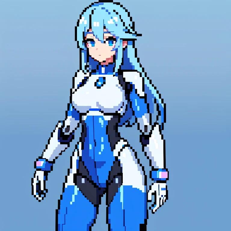 create a image of a female robot in pixel art, whit long blue metalic hair, short blue clothes, she wears white gloves, all the tones of blue are pastel