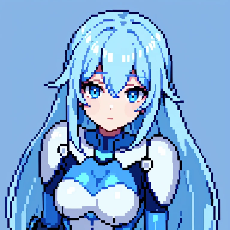 create a image of a female robot in pixel art, whit long blue metalic hair, REALLY short blue clothes, she wears white gloves, all the tones of blue are pastel and she haves white skin
