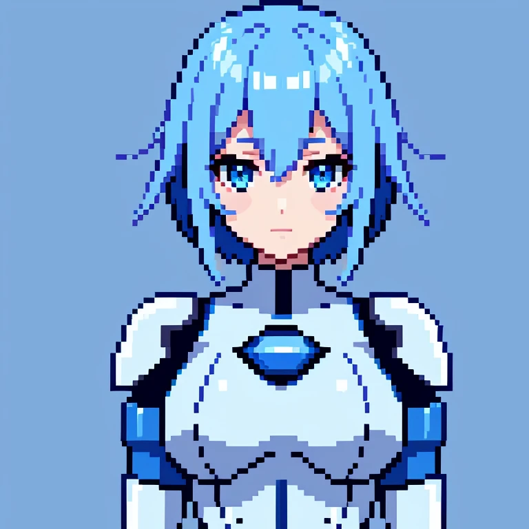 create a image of a female robot in pixel art, whit long blue metalic hair, REALLY short blue clothes, she wears white gloves, all the tones of blue are pastel and she haves white skin
