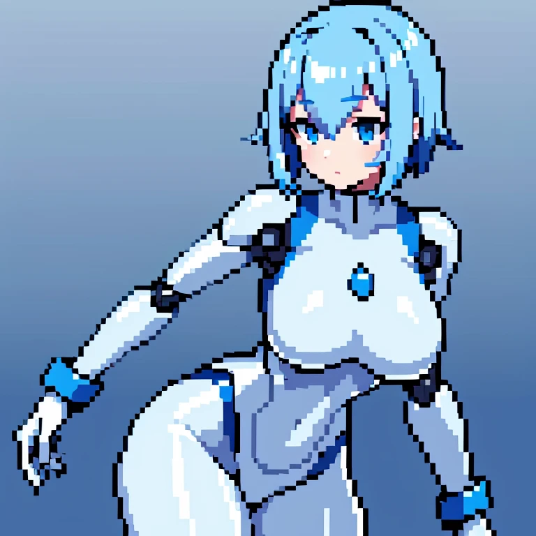 create a image of a female robot in pixel art, whit long blue metalic hair, REALLY short blue clothes, she wears white gloves, all the tones of blue are pastel and she haves white skin