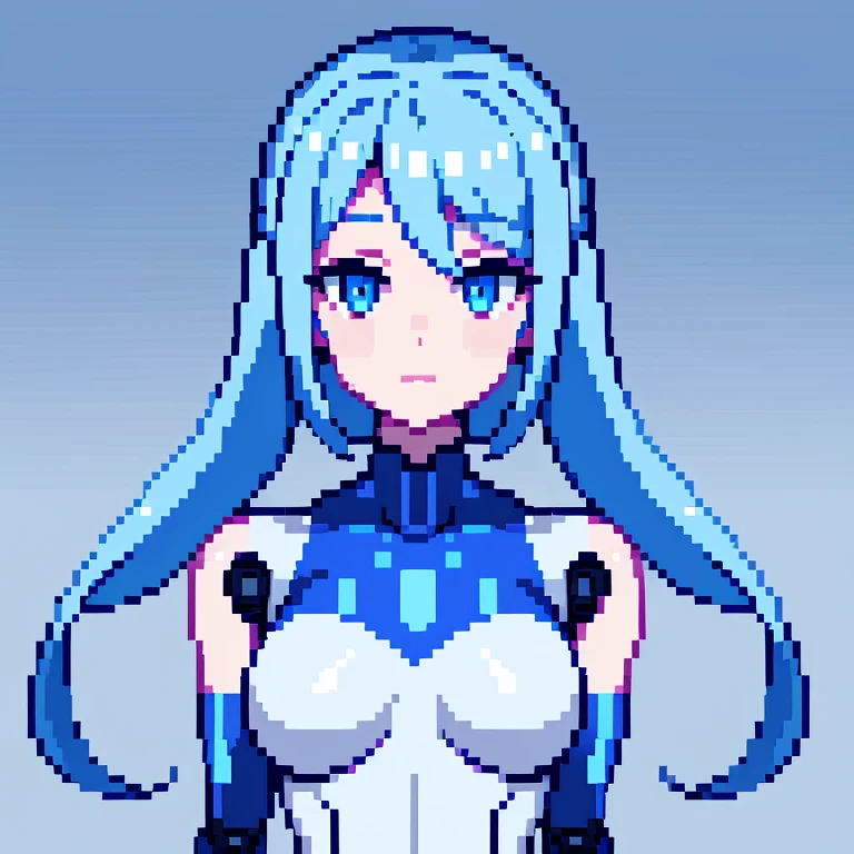 create a image of a female robot in pixel art, whit long blue metalic hair, REALLY short blue clothes, she wears white gloves, all the tones of blue are pastel and she haves white skin