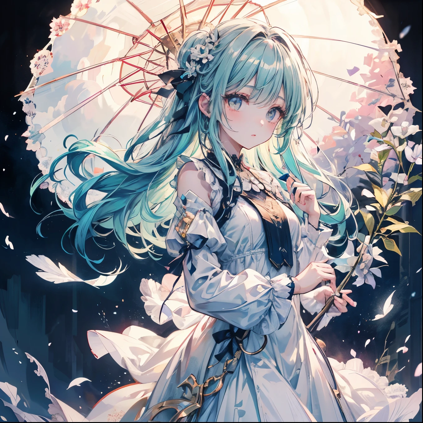 masterpiece, best quality, ultra-detailed, pastel color palette, a young woman with flowing green hair floating gracefully in the sky, holding a delicate parasol. Her hair moves gently in the breeze, the soft pastel green shades blending harmoniously with the soft pinks and whites of the scene. She wears a flowing white dress, the fabric light and airy, depicted with gentle pastel strokes that give it a soft, ethereal quality. The dress's ruffles are rendered with a delicate touch, the pastel shading creating a sense of depth and movement as the fabric billows in the wind. The parasol she holds is adorned with lace, its surface casting a soft shadow on her face, and the pastel light filtering through it creates a warm, comforting glow. The background features a grand castle with soft pastel red rooftops, its architecture simple yet elegant, blending seamlessly into the soft, pastel-toned sky. The sky itself is a blend of soft blues and pinks, with fluffy clouds floating lazily, their forms diffused and softened by the pastel light. Birds fly gracefully through the air, their feathers rendered in light pastel shades, adding a sense of calm and tranquility to the scene. The entire composition has a soft, dreamy quality, with the pastel colors creating a serene, peaceful atmosphere. The light beams streaming through the clouds are depicted with soft, glowing edges, enhancing the overall feeling of warmth and comfort. The woman’s expression is peaceful, her soft pink lips and pastel-colored eyes contributing to the gentle, almost surreal quality of the artwork. The use of pastel colors and soft shading gives the entire scene a light, floating feeling, as if time itself has slowed down to capture this perfect, serene moment.