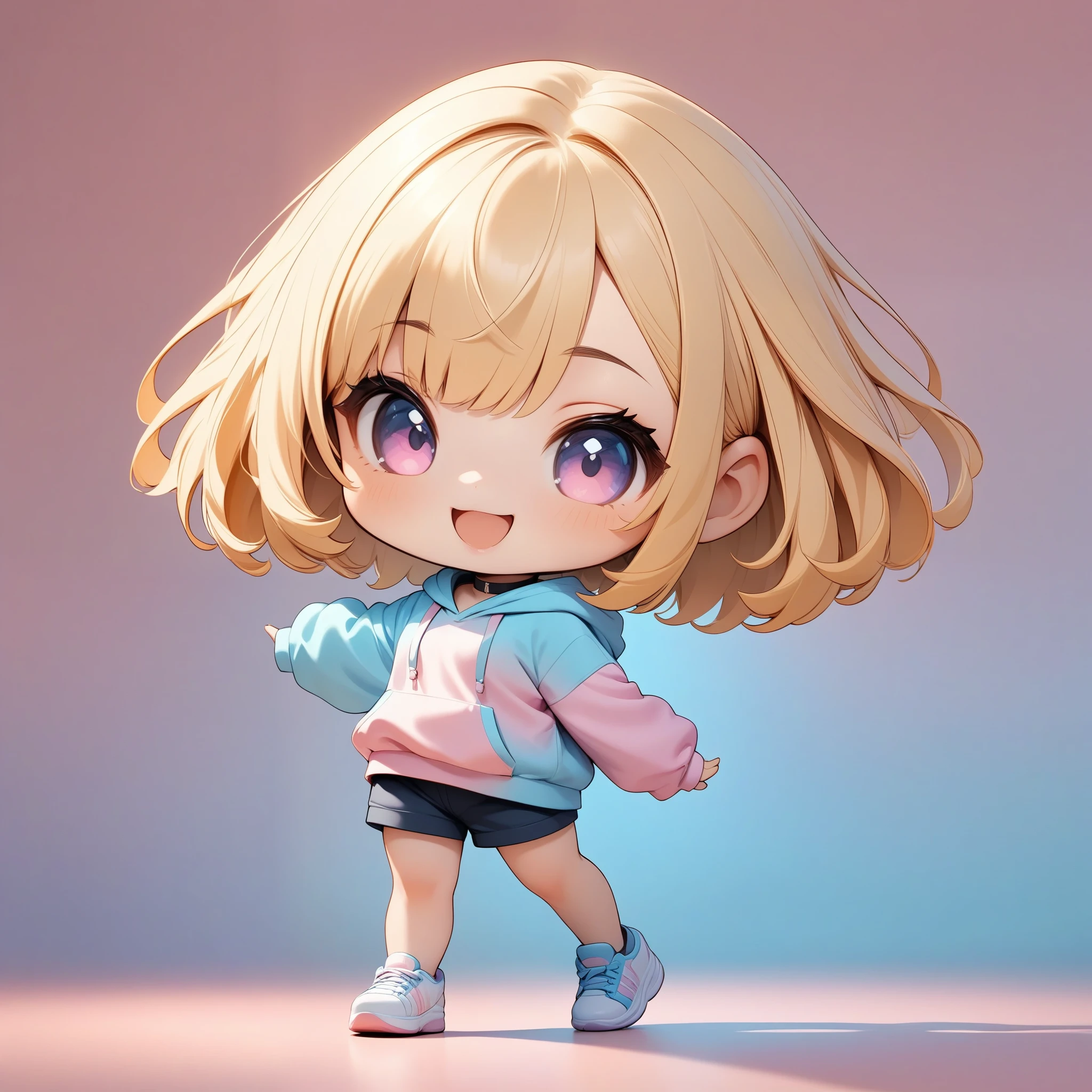 Chibi cute, Deformation, Deformationキャラクター, 1 girl, View your viewers, Kawaii pose, (Blonde, Short Bob, Choker, smile, Open your mouth), Pastel color hoodie, Shorts, sneakers, whole body, (Pastel color background, Background Gradient), Chiaroscuro, (Best Quality, 4K, 8k, High resolution, masterpiece:1.2), Digital Painting.