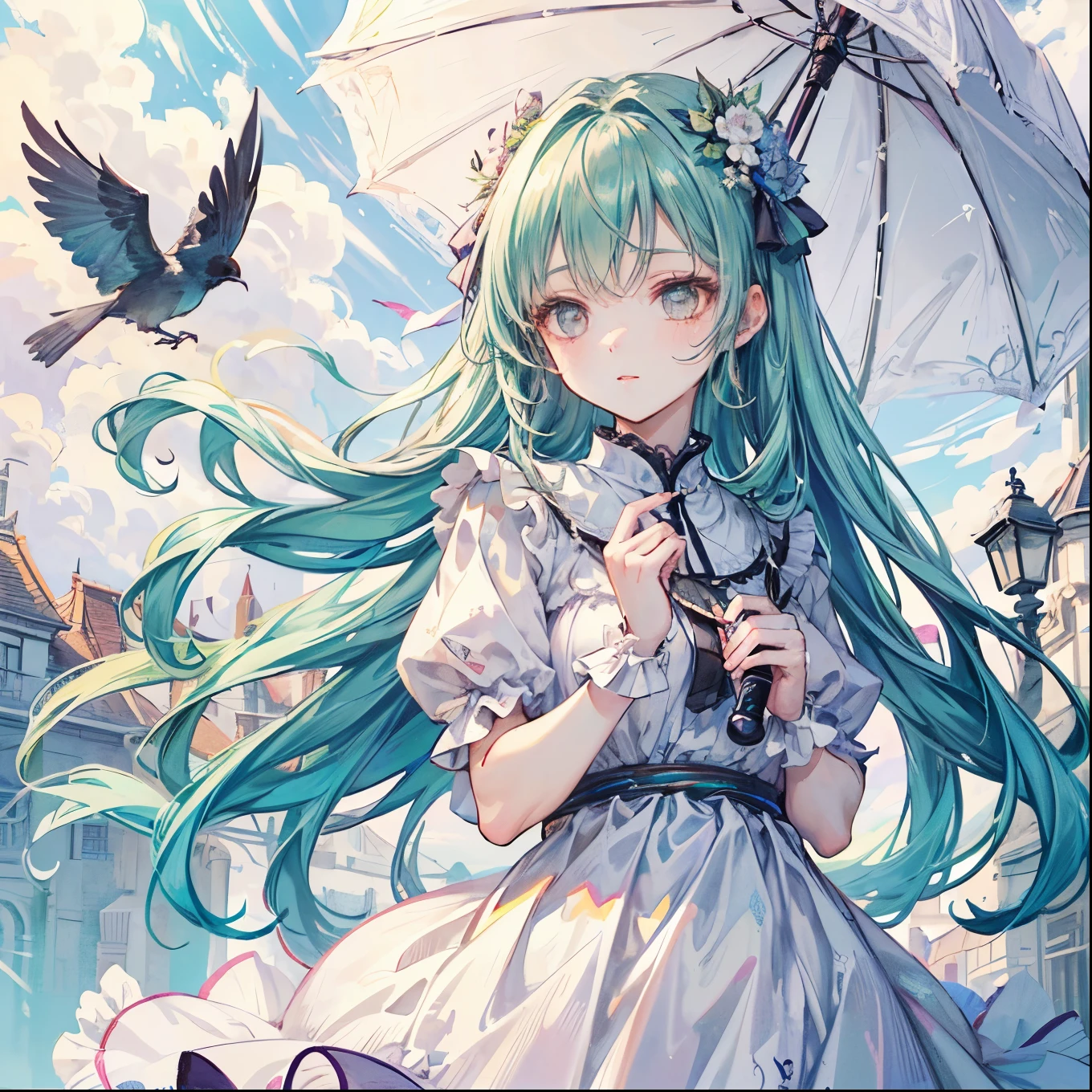 masterpiece, best quality, ultra-detailed, pastel color palette, a young woman with flowing green hair floating gracefully in the sky, holding a delicate parasol. Her hair moves gently in the breeze, the soft pastel green shades blending harmoniously with the soft pinks and whites of the scene. She wears a flowing white dress, the fabric light and airy, depicted with gentle pastel strokes that give it a soft, ethereal quality. The dress's ruffles are rendered with a delicate touch, the pastel shading creating a sense of depth and movement as the fabric billows in the wind. The parasol she holds is adorned with lace, its surface casting a soft shadow on her face, and the pastel light filtering through it creates a warm, comforting glow. The background features a grand castle with soft pastel red rooftops, its architecture simple yet elegant, blending seamlessly into the soft, pastel-toned sky. The sky itself is a blend of soft blues and pinks, with fluffy clouds floating lazily, their forms diffused and softened by the pastel light. Birds fly gracefully through the air, their feathers rendered in light pastel shades, adding a sense of calm and tranquility to the scene. The entire composition has a soft, dreamy quality, with the pastel colors creating a serene, peaceful atmosphere. The light beams streaming through the clouds are depicted with soft, glowing edges, enhancing the overall feeling of warmth and comfort. The woman’s expression is peaceful, her soft pink lips and pastel-colored eyes contributing to the gentle, almost surreal quality of the artwork. The use of pastel colors and soft shading gives the entire scene a light, floating feeling, as if time itself has slowed down to capture this perfect, serene moment.