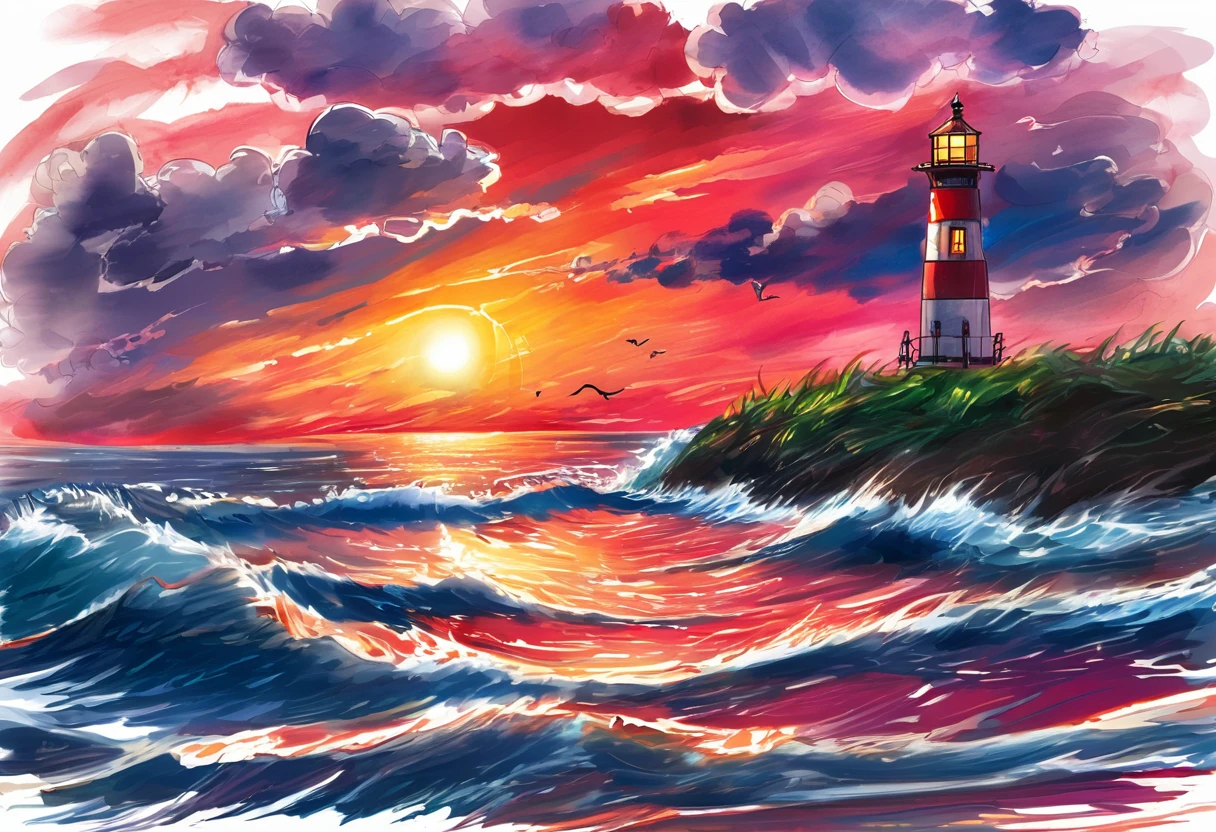 -drawing, Lighthouse, Red sunset sky, Ocean Waves, 灯りがついたLighthouse, Reflective water surface, Backlight, Spectacular Clouds