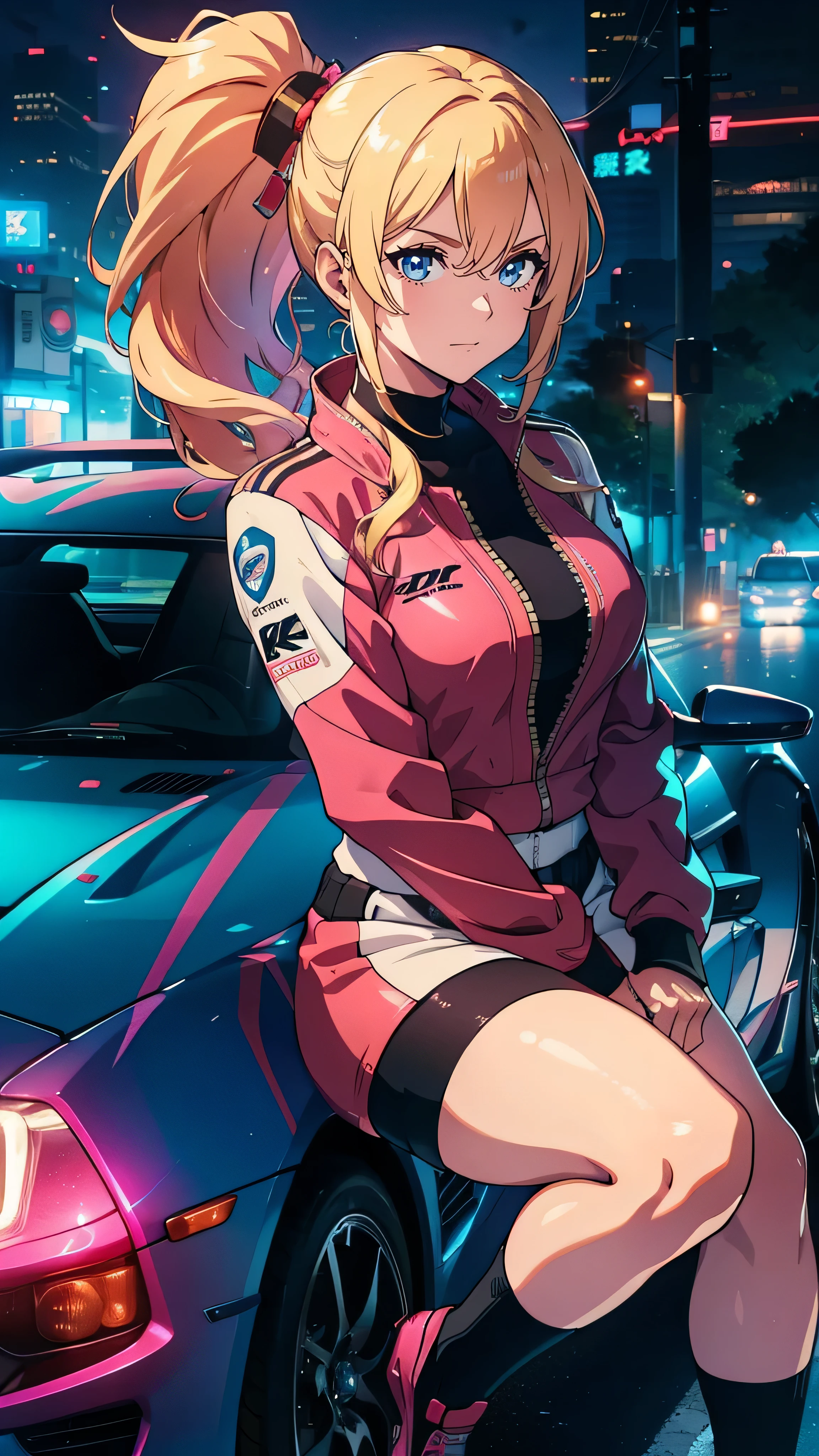 Anime girls, Long blonde hair with pink highlights, ponytail, Pink eyes, sits on the hood of a tuned sports car, car with anime graphics, poses, look at the viewer, street racing style, Tokyo Drift setting, Night, Neon lights, Ultra 8k, highly detailed, Anime Art



,sharp focus, perfect , perfect light,HDR,{{Award-winning}}, Anatomically correct, masterpiece, high resolution, High details, Reflected light, Anime Style, OctaneRender 8K, (;UHD)), structured skin, Make-up, 