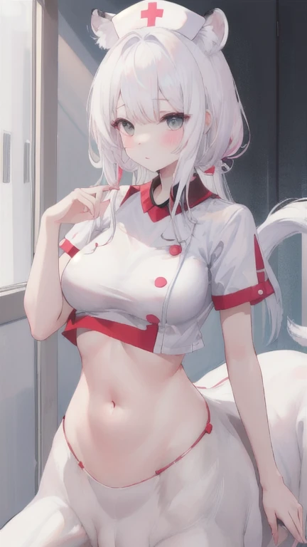 1 girl, white hair, wavy hair, red eyes, small eyes, mature face, big breasts, cameltoe, no panties, blurry background, blushed, pepperoni nipples, erect nipples, areola slip, look down, nurse uniform, micro mini skirt, bed, garter belt, hospital, night