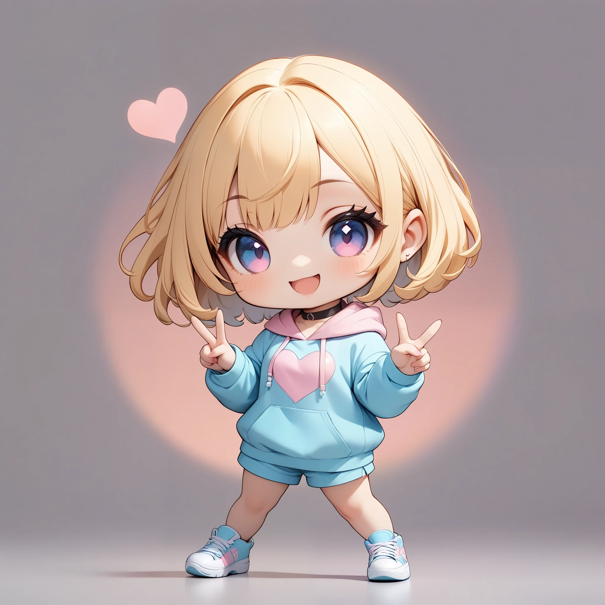 Chibi cute, Deformation, Deformationキャラクター, 1 girl, View your viewers, Kawaii pose, Heart hand sign, (Blonde, Short Bob, Choker, smile, Open your mouth), Pastel color hoodie, Shorts, sneakers, whole body, (Pastel color background, Background Gradient), Chiaroscuro, (Best Quality, 4K, 8k, High resolution, masterpiece:1.2), Digital Painting.