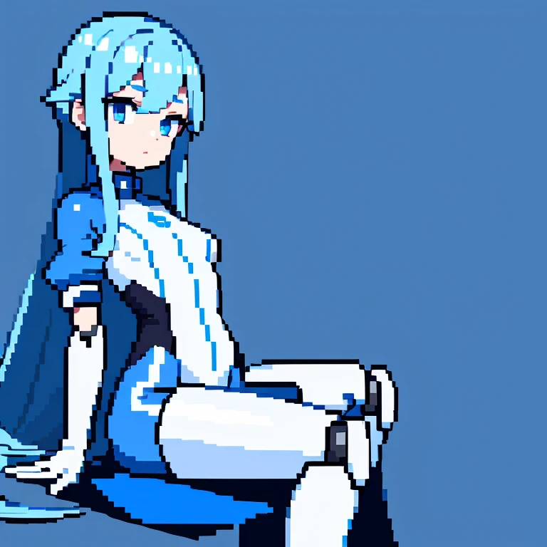 create a image of a female robot in pixel art, whit long blue metalic hair, REALLY short blue clothes, she wears white gloves, all the tones of blue are pastel and she haves LITERALLY white skin