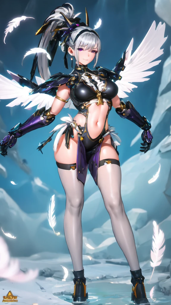 anime characters,With horns,There are white、Dark Pink Heavy Duty Half Wall Railing,standing in front of the full moon, Moon Clothes, fantasy costumes, In-game rendering, Star witch clothes, The whole body is rich in detail, (((Big Breasts,Cleavage))) Animation is very detailed, Clear clothing design, 8k Octave Rendering Photo, Beautiful celestial demon,There are huge black wings on both sides