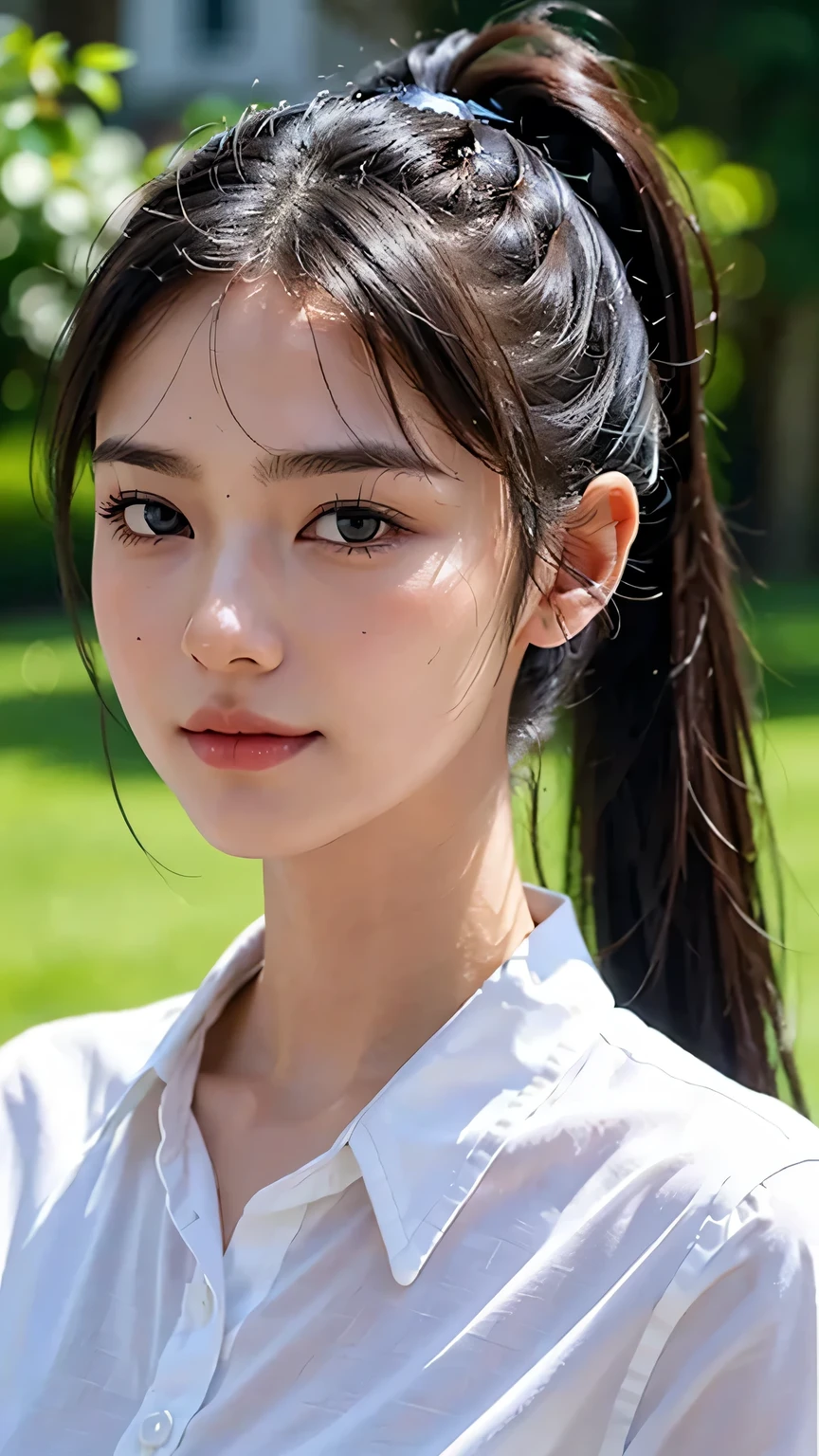 Black Bra、White collared shirt,jeans,outdoors,Urban Park,On the lawn,One woman,close up face,fully body photo,masutepiece, The highest image quality, High quality, the background is clear,Beautiful woman, Japanese, Detailed, Ultra-detailed, finely detail, hight resolution, 8K Wallpaper, Perfect dynamic composition, Beautiful detailed eyes ,Detailed eyes, Detailed skin, Beautiful skin, 超hight resolution, (reality: 1.4),Very beautiful woman, Slightly younger face, Beautiful skin, slender, (Ultra photo realsisim), (hight resolution), (8K), (Very detailed) (beautifully detailed eyes), (super detailed), (Detailed face), view the viewer, Fine details, Detailed face, Staring straight ahead, Staring straight ahead, photos realistic, Bright lighting, Professional Lighting, Black hair,poneyTail,a baby face,sixteen years old,Hairstyle: ponytail,Long ponytail hairstyle,slight smile,