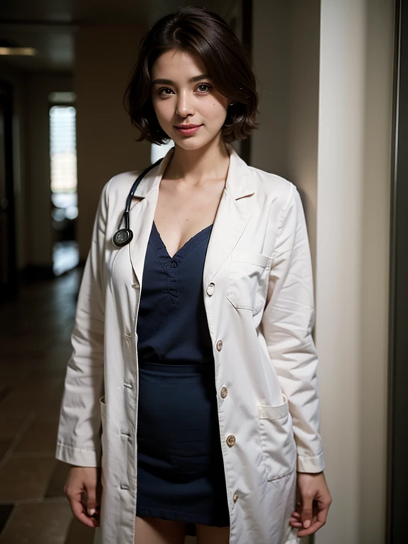 A beautiful doctor、stunning、doctors white coat, Doctor Fashion、(top-quality、8K、32K、​masterpiece)、Ultra high resolution, (Photorealsitic:1.4), Raw photography, Detailed face, Beautiful short hair, ((Doctor Style)), tight skirts、 Natural makeup, cleavage, medium breasts、inside hospital, Detailed background, Perfect Lighting, depth of fields, Beautiful shadow gradient, stethoscope, Full body, look to the camera, Beautiful eyes, smile warmly, highly details, rich colors, detailed fabric rendering, lifelike rendering, detailed fabric rendering, film grain, epiC35mm