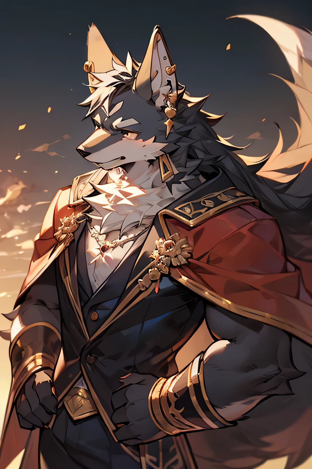 Masterpiece Wonderful details Crimson wolf Male Nearly 30 years old Handsome Black red eyes Long white hair Strong upper body partially exposed Mermaid line exposed Motled gold pattern Gold-rimmed black shorts Confident eyes