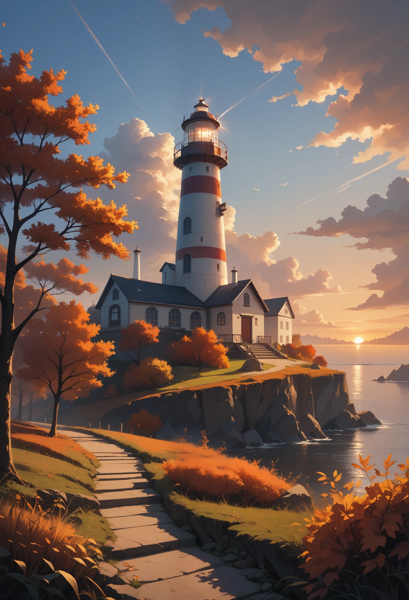 score_9, score_8_up, score_7_up, (masterpiece, UHD, 8K, 16K, ultra detailed), scenery, 1lighthouse, loneliness, sunset, autumn, cozy