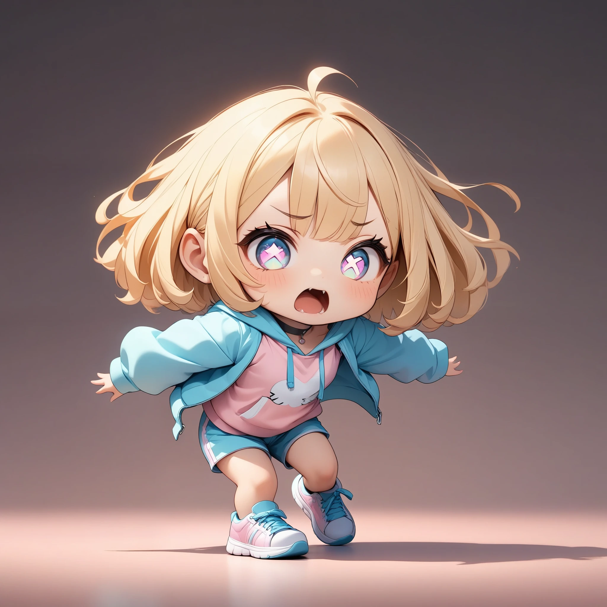 Chibi cute, Deformation, Deformationキャラクター, 1 girl, View your viewers, Kawaii pose, Falling face down, (Blonde, Short Bob, Choker, x-shaped pupils, screaming), Pastel color hoodie, Shorts, sneakers, whole body, (Pastel color background, Background Gradient), Chiaroscuro, (Best Quality, 4K, 8k, High resolution, masterpiece:1.2), Digital Painting.