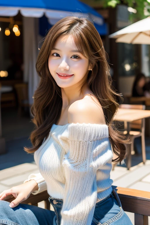 ulzzang-6500-v1.1,(highest quality,masterpiece:1.3,ultra high resolution),(Super detailed,8k),,(realistic:1.4,RAW shooting),1girl,18-year-old,cute,Super beautiful,Japanese woman sitting on the terrace of a cafe, long curly hair, turn around, off shoulder, big round eyes , smile, big breasts,perfect style,professional lighting, Photographed by a professional photographer