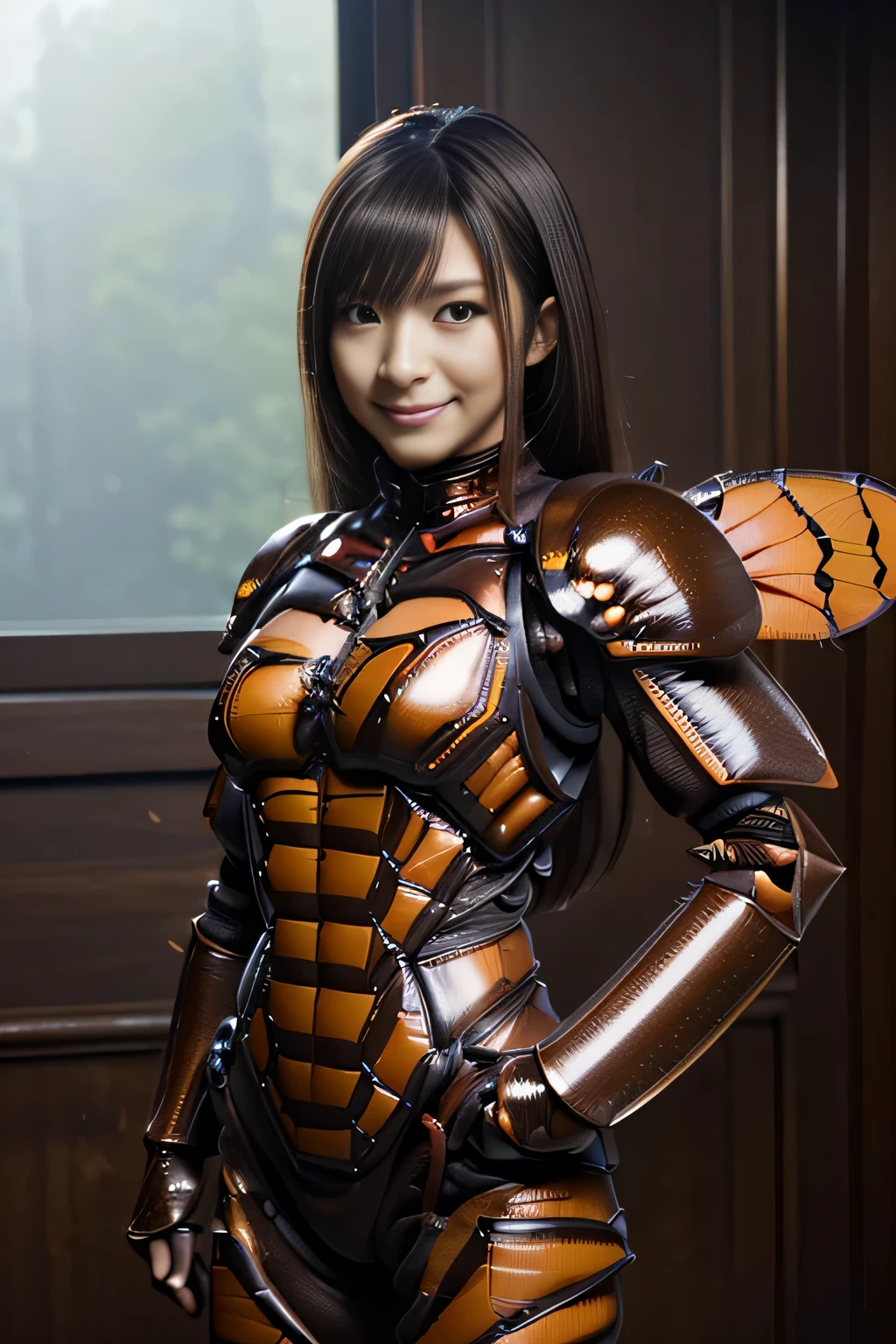 (high resolution,masterpiece,best quality,extremely detailed CG, anime, official art:1.4), realistic, photo, amazing fine details, all intricate, gloss and shiny,awesome many layers, 8k wall paper, 3d, sketch, kawaii, illustration,( solo:1.4), perfect female proportion,villainess, (fusion of dark brown cockroach and lady:1.4), (brown cockroach form lady:1.2), (brown cockroach lady:1.2), (fusion:1.2), (solo:1.4), (evil smile:1.2), muscular, abs, (cockroach brown exoskeleton bio insect suit:1.4), (cockroach brown exoskeleton bio insect armor:1.2), (brown transparency cockroach wing:1.4), (brown cockroach antennae:1.3),