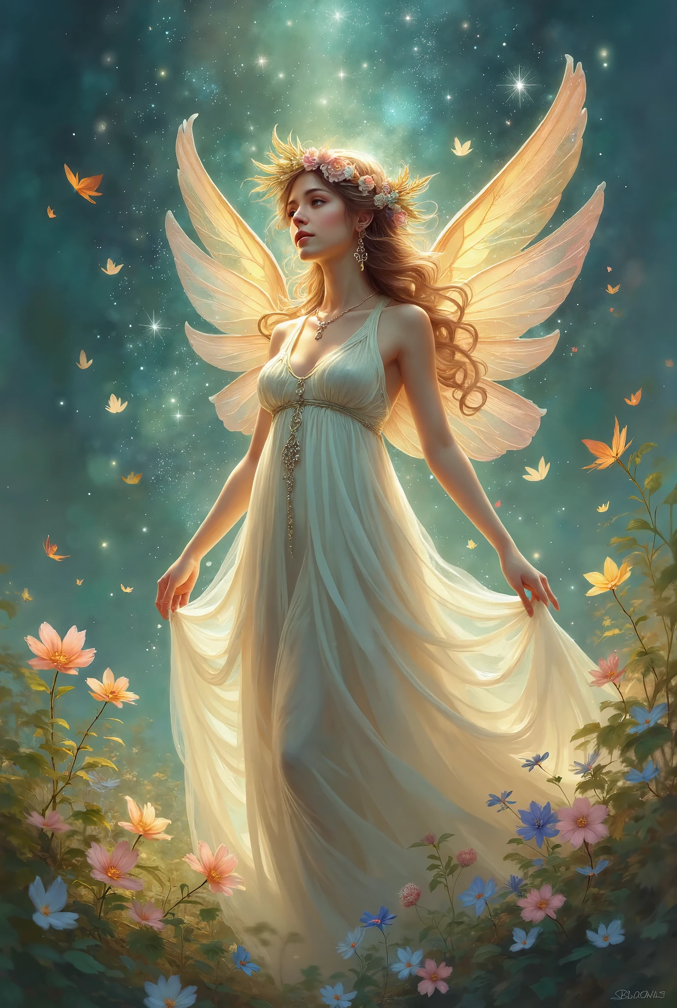 A graceful angel stands beneath a starry autumn night sky, her translucent wings shimmering in the moonlight. Surrounding her is a soft, misty glow, and the stars above twinkle like distant dreams.