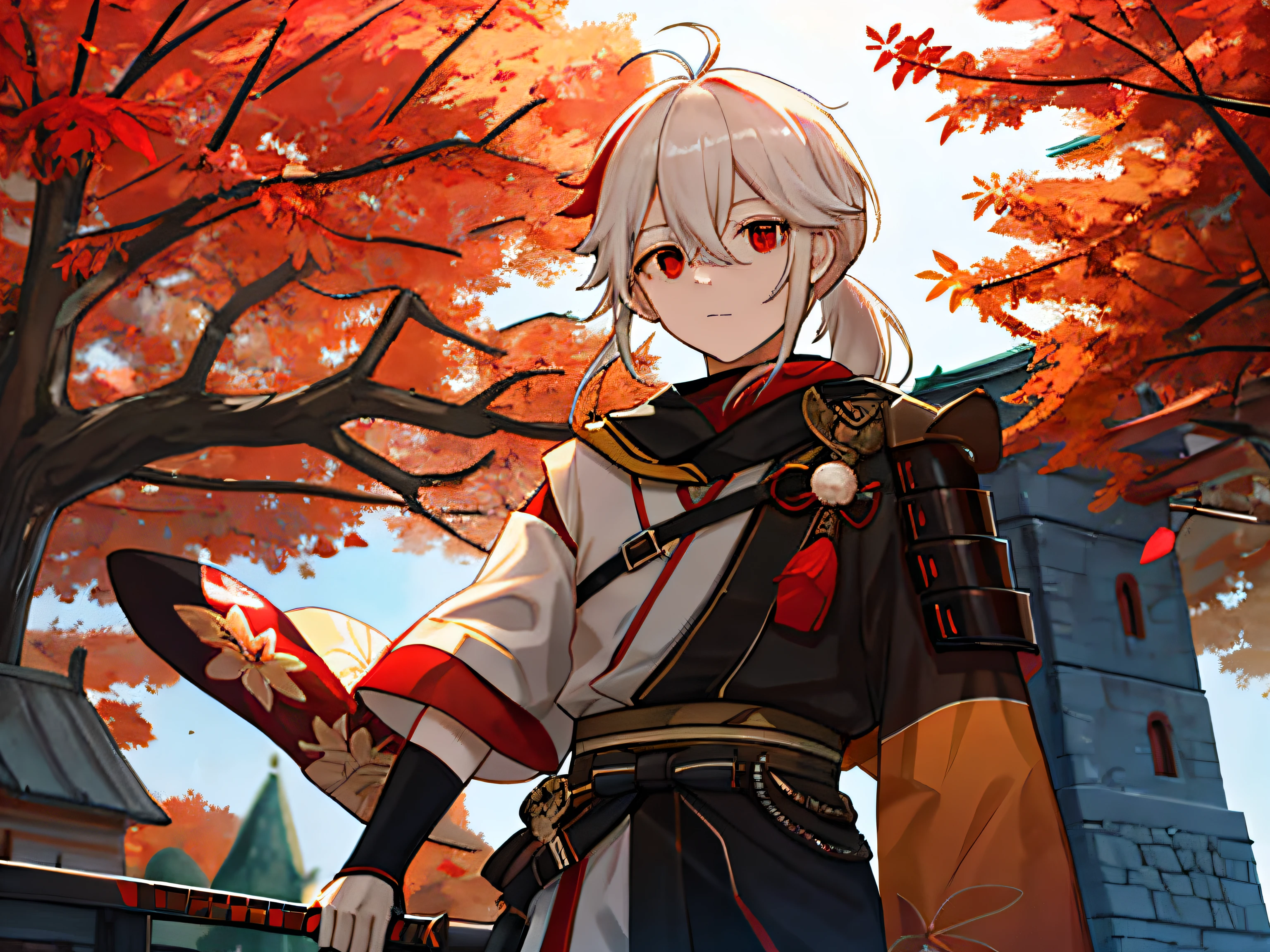 masterpiece, best quality, maple manyo, male focus, 1boy, solo, red eyes, bangs, multicolored hair, japanese clothes, striped hair, red hair, hair between the eyes, weapon, sword, armor, japanese armor, white hair, shut up, ponytail, outdoors, tassel, looking at the audience, castle tower, (kbxll:0.6)