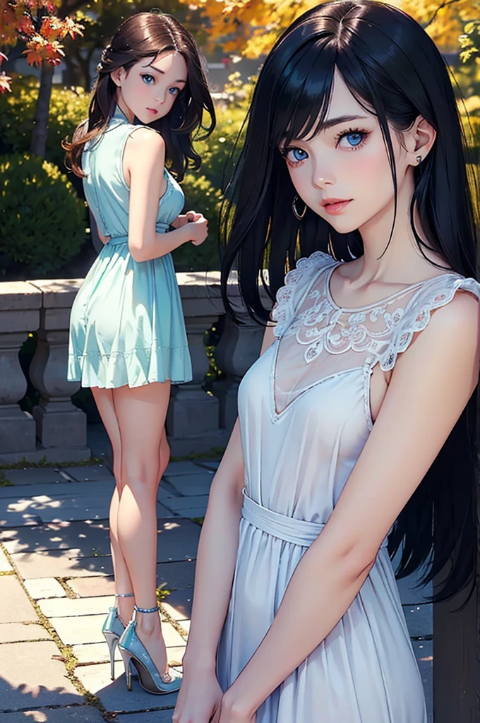 A woman with blue eyes and a beautiful dress is taking a photo,Around 30 years old, Not glamorous,Small breasts,(Elegant and well-balanced), (High heels), (Bob Hair), Hesitation,,Wait for the tongue,(Delicate and elegant light makeup), Delicate and beautiful white skin, Detailed facial depiction with beautiful double eyelids, Gentle eyes that shine with youth and innocence, Expressing the amazing beauty of youth, Pretty Japanese woman, A beautiful portrait that captures her charming personality.. (8k, Best Quality, masterpiece: 1.2), (Realistic and photorealistic: 1.37), Autumn Fashion