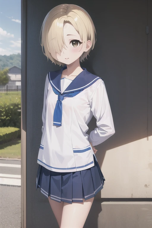 masterpiece, Best Quality, High resolution,  standing, Cowboy Shot, Shirasaka Koume, ((Blonde)), hair over one eye, short hair, Brown eyes, Flat Chest,(Hiding one eye),Hidden right eye、,Small breasts,One Girl,Alone,1 girl, younger sister, Fairy Hair, Sailor Cola, Pleated skirt, , Japanese High School Uniform, Walking home from school,School route,Navy Blue Skirt