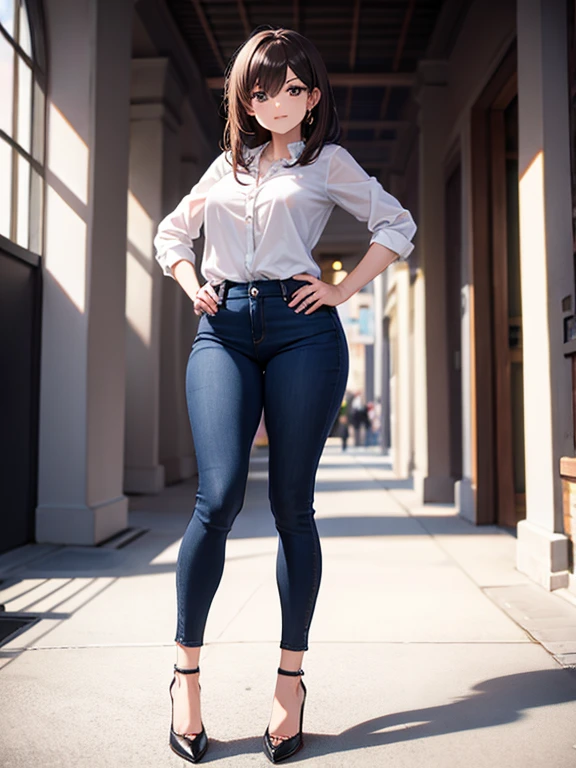 makima, thighs, full body, high heels, blouse, black jeans pants, wide hips