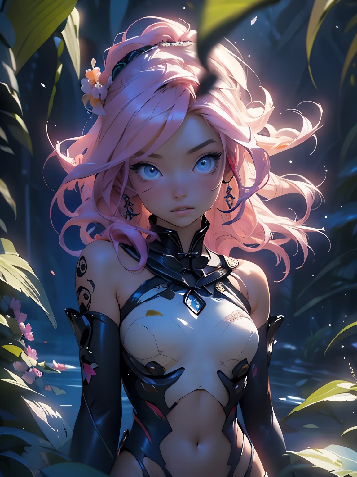 A beautiful pink-skinned woman pink as a demon Devil with pink skin with long black hair that goes all the way to the ground Make her like a sorceress in a setting filled with magic and mystery A character for medieval RPG She must be wearing medieval robes covering her body like a mage She must wear a medieval costume Her skin is pink pink as an avatar horns and pointed tail like a demon pink skin pink skin light pink skin black hair hair strands are black in color with white spots spotted black and white hair black hair with white spots, pink skin pink hair,detailed eyes, detaield hands, detailed face, elf woman, full body, wet,drops of water,wet

