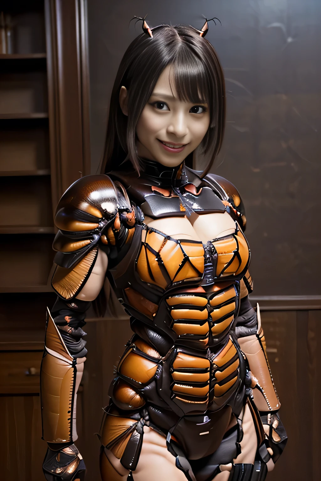 (high resolution,masterpiece,best quality,extremely detailed CG, anime, official art:1.4), realistic, photo, amazing fine details, all intricate, gloss and shiny,awesome many layers, 8k wall paper, 3d, sketch, kawaii, illustration,( solo:1.4), perfect female proportion,villainess, (fusion of dark brown cockroach and lady:1.4), (brown cockroach form lady:1.2), (brown cockroach lady:1.2), (fusion:1.2), (solo:1.4), (evil smile:1.2), muscular, abs, (cockroach brown exoskeleton bio insect suit:1.4), (cockroach brown exoskeleton bio insect armor:1.2), (brown transparency cockroach wing:1.4), (brown cockroach antennae:1.3),