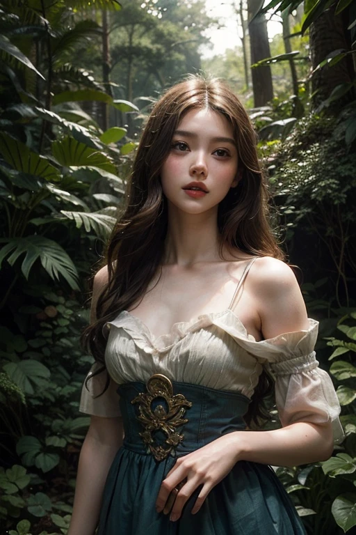 a redheaded asian elf girl in a lake, under water, very long and extremely silky hair, elegant wine red 1860's elf dress, black corset, very big tits, beautiful detailed eyes and lips, 1860's clothes, dense lush forest, dark colors, lake, dramatic lighting, rich colors, intricate details, silky hair, fantasy, dark academia, 1860's style, (best quality,4k,8k,highres,masterpiece:1.2),ultra-detailed,(realistic,photorealistic,photo-realistic:1.37),magical fantasy atmosphere,concept art