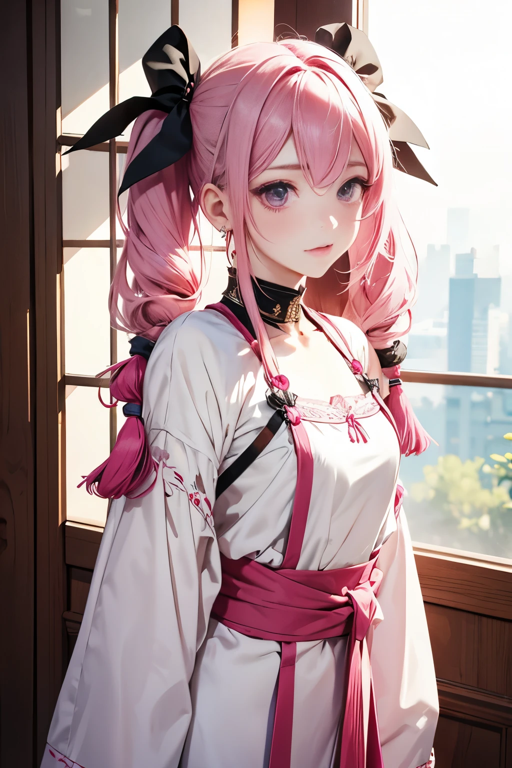 Realistic、1 girl、Pink Hair, Tassel Twintails、Narrow waist, Long eyelashes，Drooping part at the corner of the eye，White skin，I&#39;ve been taking photos from the front, ((Tight T-shirt:1.5)), ((Big Breasts:1.2)), rocket , ((See-through nipples)), （Because I&#39;Slim figure)、