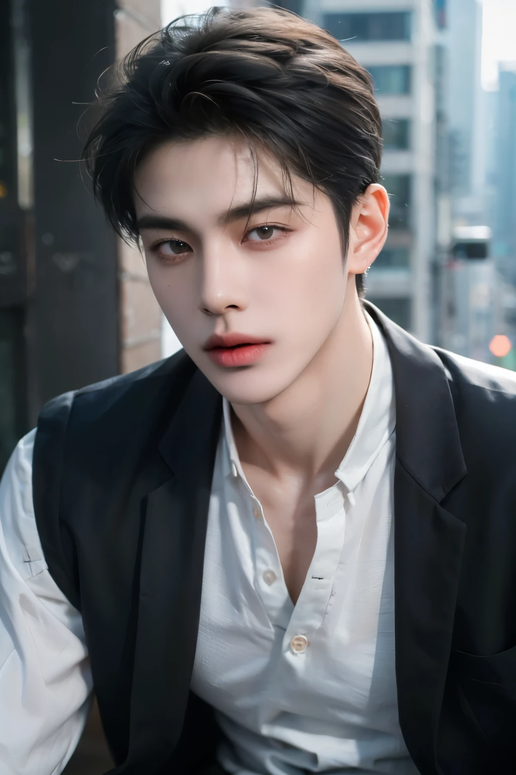 (Masterpiece, best quality, highres, ultra detailed, 4K), 1 man, korean man, 25 years old, grey short hair, have two bangs, wearing long-sleeved shirt and vest jacket, thin mouth, in the Bangkok street, sharp eyes, white skin, ((very handsome, photorealistic, perfect anatomy)) 