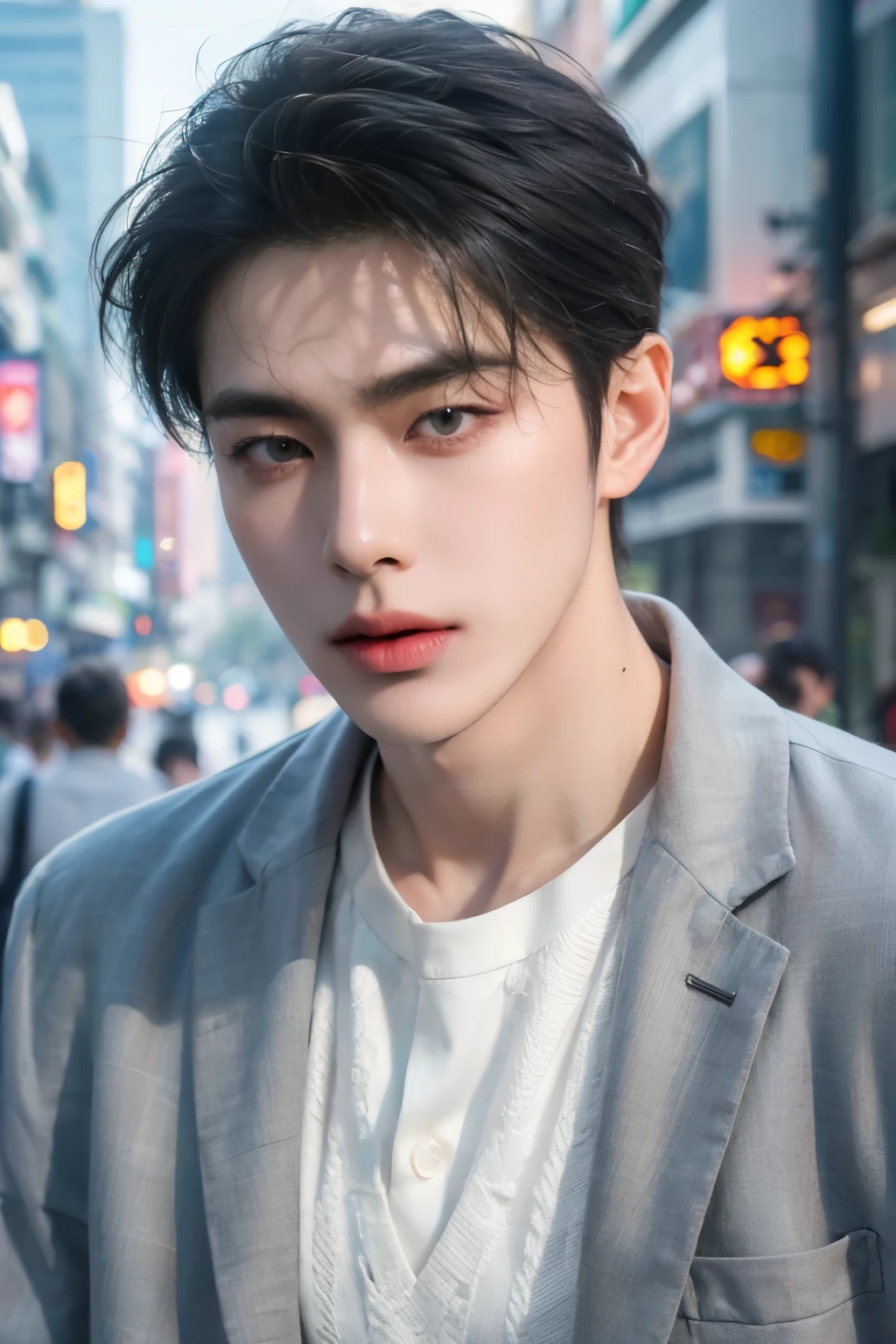 (Masterpiece, best quality, highres, ultra detailed, 4K), 1 man, korean man, 25 years old, grey short hair, have two bangs, wearing long-sleeved shirt and vest jacket, thin mouth, in the Bangkok street, sharp eyes, white skin, ((very handsome, photorealistic, perfect anatomy)) 