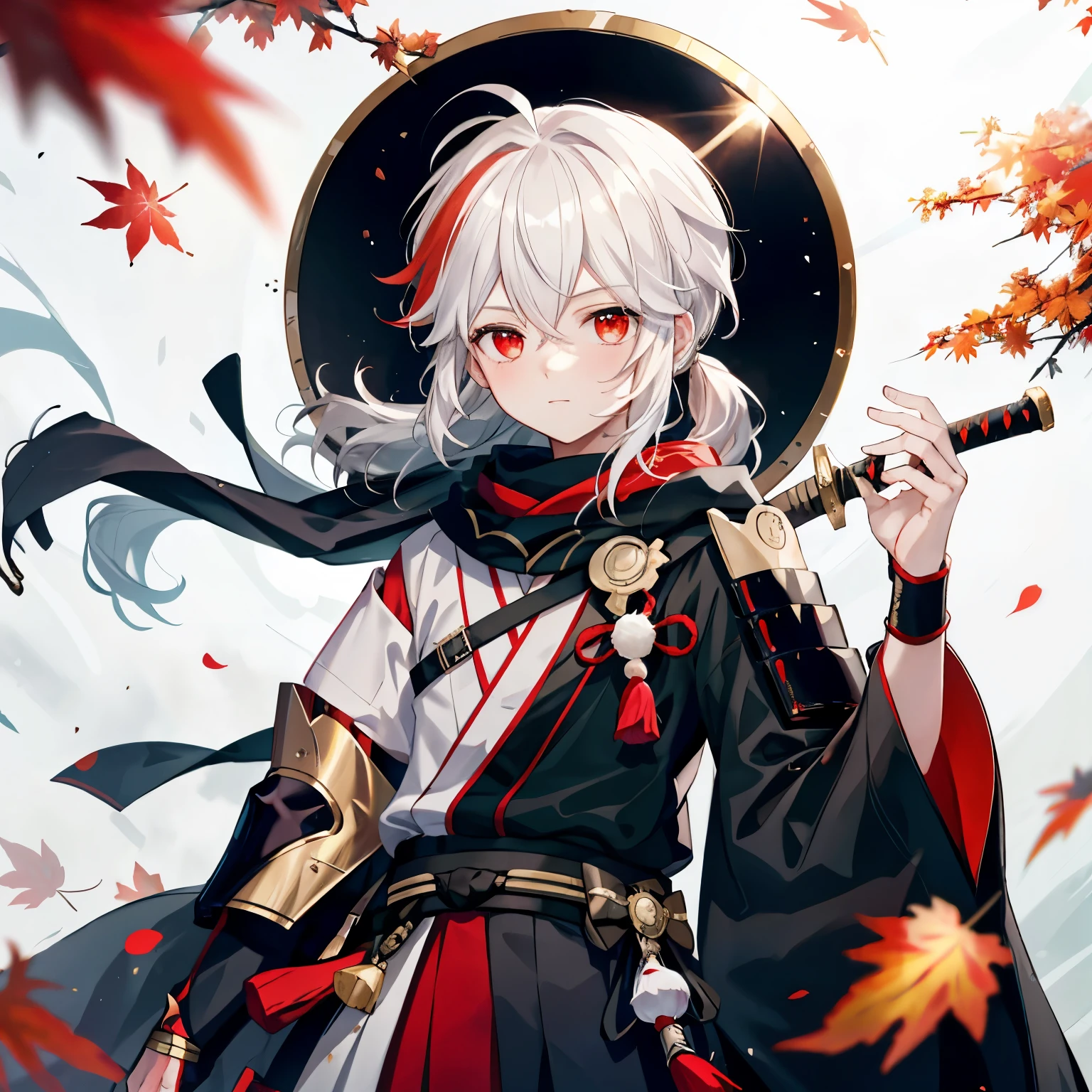 tmasterpiece, best qualityer, Maple Man Ye, malefocus, 1boy, solo, red eyes, By bangs, Multicolored hair, Japanese clothes, Striped hair, red hair, hair between eye, arm, The sword, armour, japanese armor, White hair, Keep one's mouth shut, pony tails, exteriors, nipple tassels, looking at viewert,The castle tower,Draw the knife and chop