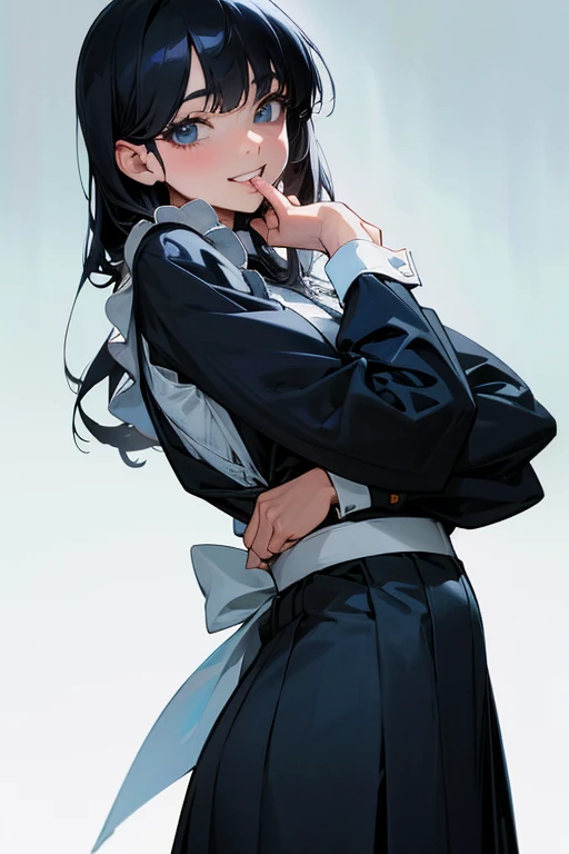 (Highest Resolution, clear_image) Highest quality, single, One Woman, alone, masterpiece, Very detailed, Semi-realistic, Black Hairのショートヘア, Black Hair, bangs, 18-year-old, mature, light blue uniform, uniform, Indoor Background, kind, Authoritative, Powerful, exquisite features, exquisite features、Eyelashes become longer、Showing teeth、smile😀、Maid clothes、reference、Put your hands on your hippie skirt、Upward glance、Boom in the ass