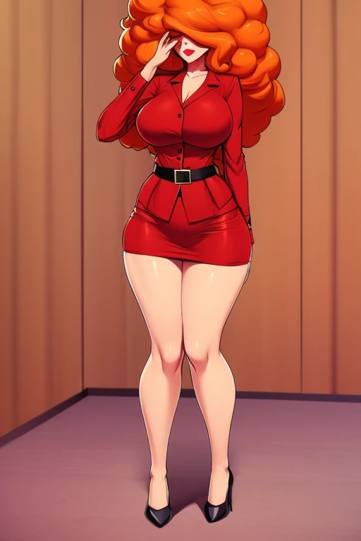 A tall, sexy, sensual, beautiful woman with large breasts, long, wavy, curly, fluffy orange hair, covers her face with red lips, wears a red button-down office shirt and a short red office skirt, and black heels. 