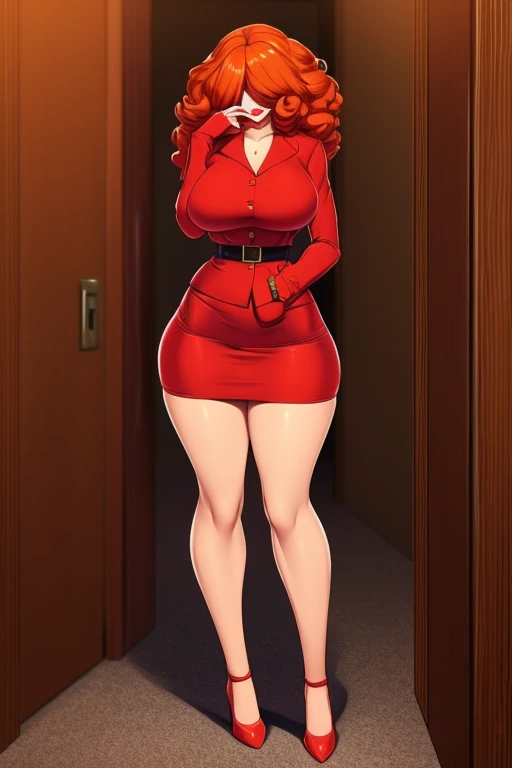 A tall, sexy, sensual, beautiful woman with large breasts, long, wavy, curly, fluffy orange hair, covers her face with red lips, wears a red button-down office shirt and a short red office skirt, and black heels. 