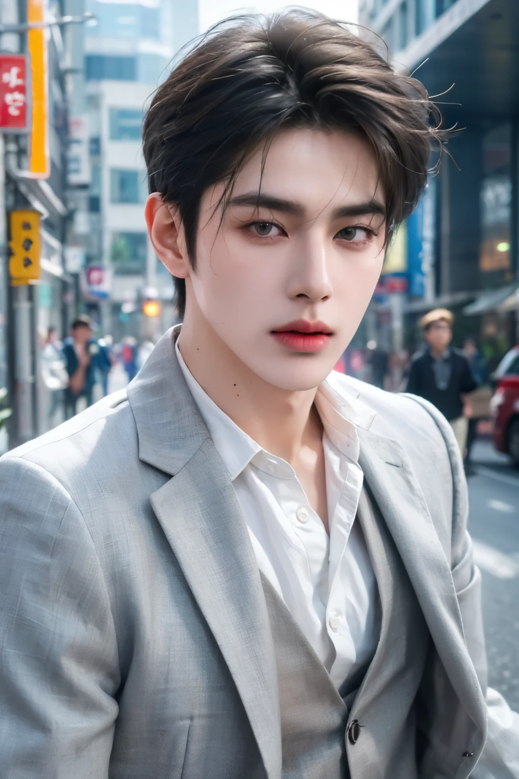 (Masterpiece, best quality, highres, ultra detailed, 4K), 1 man, korean man, 21 years old, grey short hair, have two bangs, wearing long-sleeved shirt and vest jacket, (thin mouth), in the Bangkok street, sharp eyes, white skin, ((very handsome, photorealistic, perfect anatomy)) 