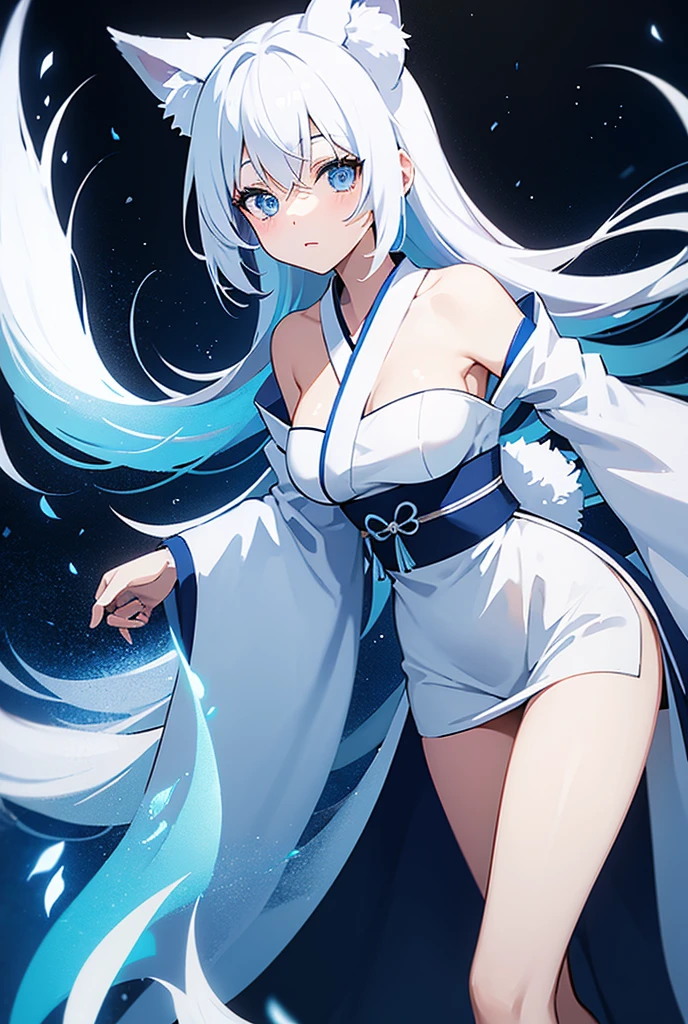 white hair, long hair, blue eyes, anime, cute anime girl, adult, 8k wallpapper, high quality, wearing white dress, long sleeve dress, long skirt, big boobs
