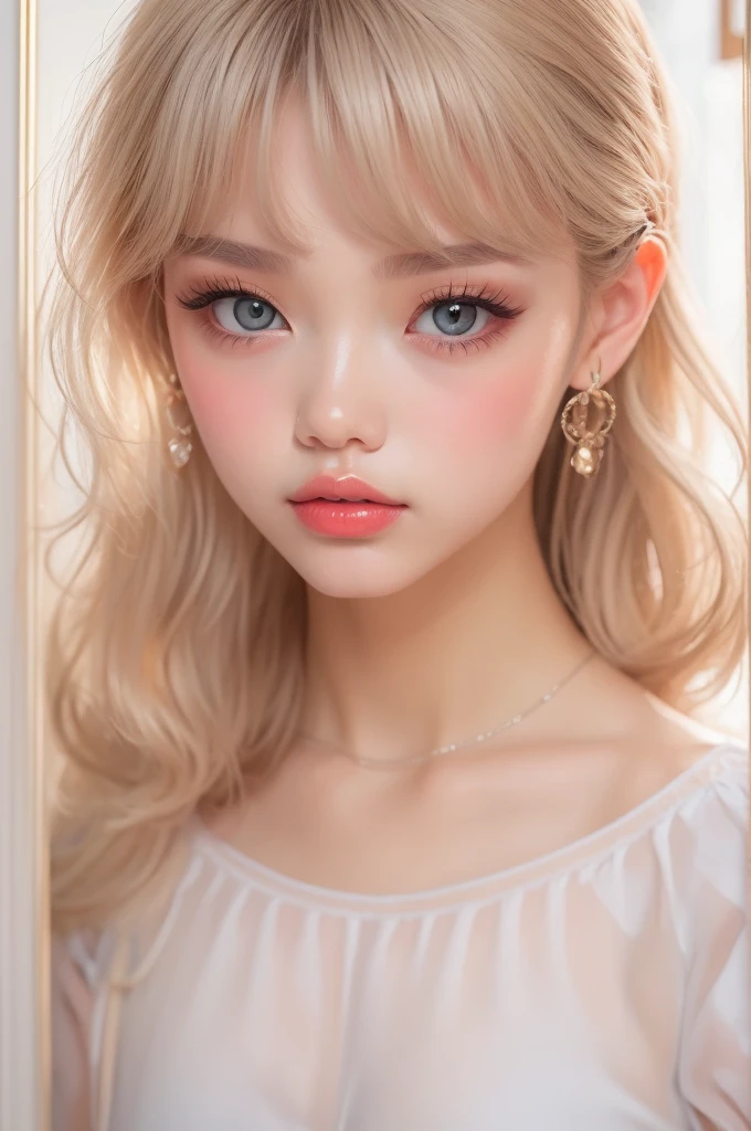 (detailed), studio lighting, hyper detailed, realistic portrait, Perfect Face.1 teenage girl, 、Blue eyes with well-defined double eyelids and long eyelashes, in the white girly dressroom backdrop, realistic face, detailed skin, ピンクblond long bob hair 、bangs covering forehead, extremely detailed lips, large mouth, full, plump, glossy light pink lips, natural-looking makeup, transparent lip gloss, with off-shoulder mini summer dress, photorealistic, ((Best Quality)), ((masterpiece)), high quality, 8k, masterpiece