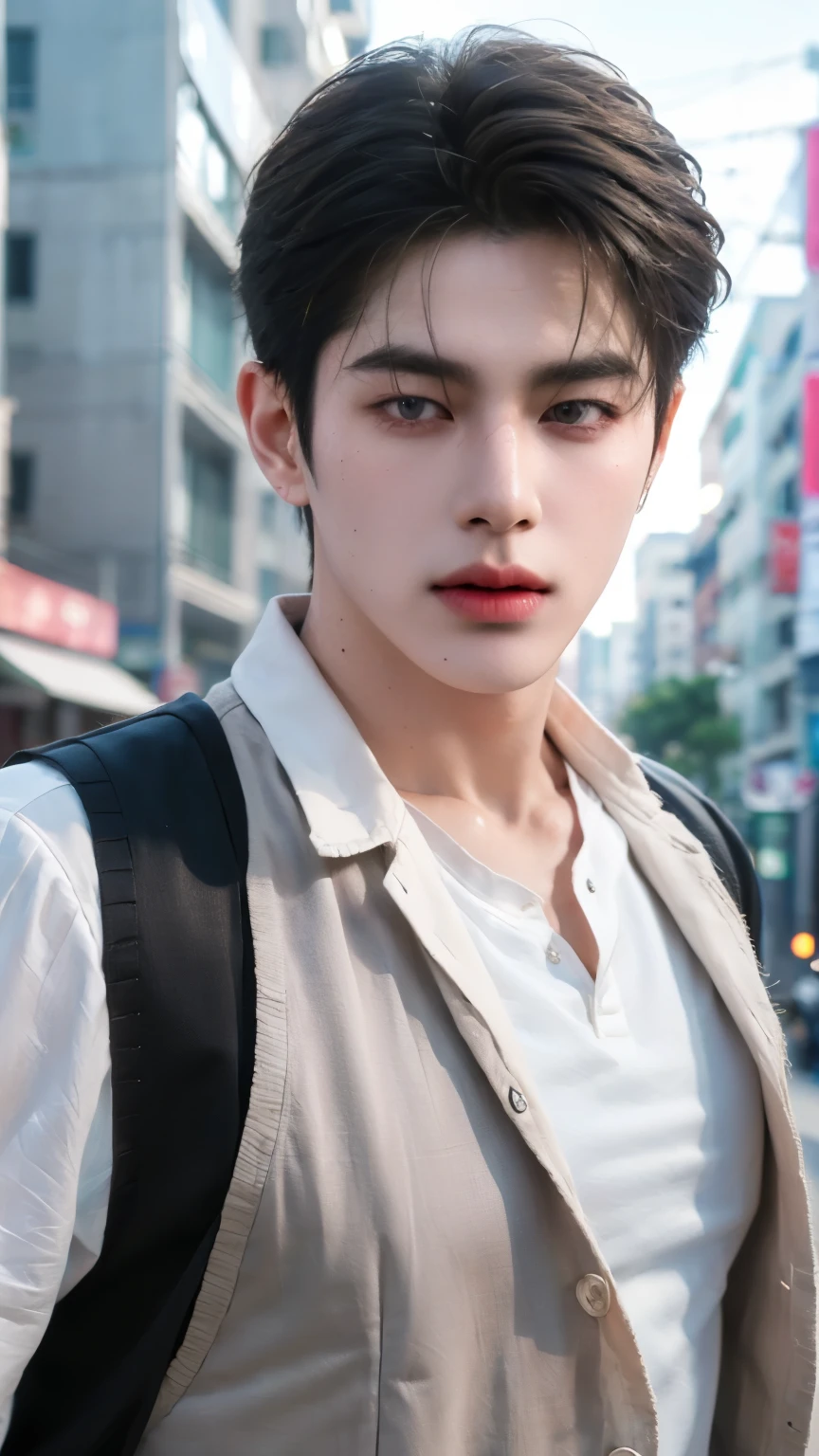 (Masterpiece, best quality, highres, ultra detailed, 4K), 1 man, korean man, 21 years old, gray medium hair, have two bangs, wearing long-sleeved shirt and vest jacket, (thin mouth), in the Bangkok street, sharp eyes, white skin, ((very handsome, photorealistic, perfect anatomy)) 