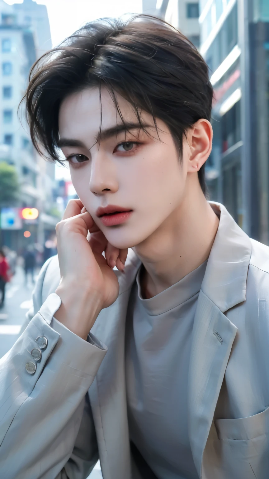 (Masterpiece, best quality, highres, ultra detailed, 4K), 1 man, korean man, 21 years old, gray medium hair, have two bangs, wearing long-sleeved shirt and vest jacket, (thin mouth), in the Bangkok street, sharp eyes, white skin, ((very handsome, photorealistic, perfect anatomy)) 